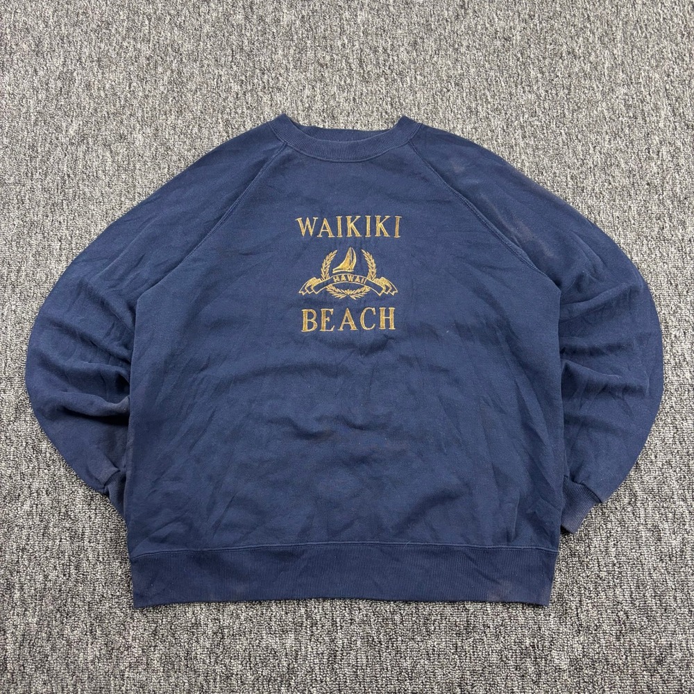 Vintage Waikiki Hawaii Beach Surf Hanes 90s Faded Sweatshirt Navy Blue Large